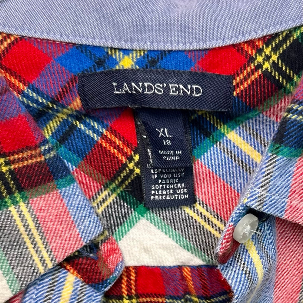 Boy’s Lands' End Flannel Button Down Shirt XL Size 18 Red Blue Christmas Plaid